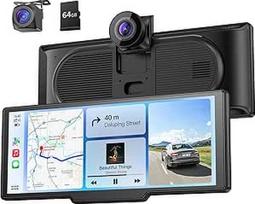 9,26 colių belaidis nešiojamasis automobilinis atkūrimo ekranas su 4K priekine ir HD atbulinės eigos dviguba prietaisų skydelio kamera, skirta "Apple CarPlay" ir "Android" automobiliams su OTA atnaujinimais, "Mirror Link", "Bluetooth 5.0", valdymu balsu,