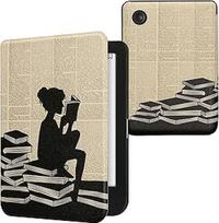 kwmobile Flip Case Compatible with Kobo Clara BW/Clara Colour/Tolino Shine (5) / Shine Colour Case - eReader Case - Woman Reading Black Beige