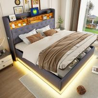 Lova 180 x 200 cm, su LED apšvietimu ir USB jungtimi, vieta daiktams susidėti, lininis audinys, pilka