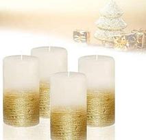 "Candelo" 4 žvakių rinkinys "Ambiente Rustic Pillar Candle" - balta, metalinė, auksinė - 12 cm žvakė - ilgai dega apie 54 valandas Kalėdinės žvakės Advento vainikas