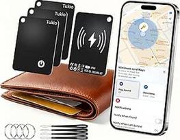 "Smart Air" sekimo kortelė (juoda, 4 pakuotės), piniginė sekimo kortelė, suderinama su "Apple Where? (tik "iOS"), "Bluetooth" ieškiklis su belaidžiu įkrovimu, IP68 vandeniui atsparus, su raktų pakabuku / nailoniniu dirželiu.