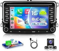Automobilinis radijo imtuvas su 8 branduolių 6+128G "Android 15", skirtas "VW Golf 5 6 Passat Jetta Caddy EOS T5 Tiguan Touran CC Polo, 7 colių HD IPS jutiklinis ekranas su "Carplay" "Android" "Car GPS" "Wi-Fi" "Bluetooth" USB C tipo FM RDS kamera
