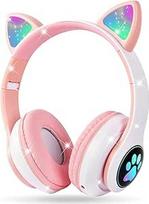 AXFEE vaikiškos ausinės, "Bluetooth", mergaičių "Cat Ear Over-Ear" su LED šviesa, sulankstomos stereofoninės belaidės, mikrofonas, "Micro SD/TF", skirtos mobiliajam telefonui, stalui ir kompiuteriui