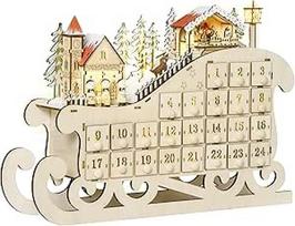 HOMCOM Adventskalender aus Holz, beleuchtet, Frome Schlitten - 10 warmweiße Lichter - 24 Schubladen - Weihnachtsdekoration