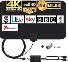 ONEKU TV antena su stiprintuvu Signalinė HDTV antena DTT DVB-T / DVB-T 2 su 4,4 m kabeliu, skaitmeninės HD/VHF/UHF/FM antenos langelis