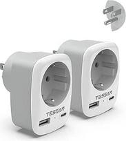 TESSAN 2 pakuotės kelioninis adapteris JAV/Amerika-Vokietija su 2 USB 2,4 A, kištukinis lizdas, kelioninis kištukinis maitinimo adapteris Kanadai, Tailandui, Meksikai, sieninis įkroviklis ir įkrovimo stotelės adapteris