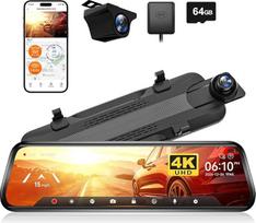 WOLFBOX G930 10 colių galinio vaizdo veidrodžio kamera su 5,8 GHz "WiFi", 4K prietaisų kameros priekyje ir gale su WDR, jutiklinis galinio vaizdo veidrodis, galinio vaizdo kamera, parkavimo monitorius, pagalba važiuojant atbuline eiga, įskaitant 64GB žem