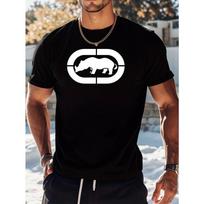 European sizes Men's rhino print t-shirt-black casual round neck short sleeve shirt eye-catching white animal design breathable comfortable shirt S juoda