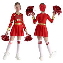 Cheerleader kostiumas mergaitėms Blizganti ilgomis rankovėmis cheerleading šokio suknelė su galvos apdangalu, rankų gėlėmis, kojinėmis 9-10 Years raudona