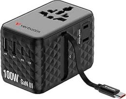 "Verbatim GaN Travel Adapter" 100 W, juodas, kištukinis adapteris su integruotu kabeliu ir 2 x USB-C, 2 x USB-A, 2 x USA/JP prievadas, universalus greitasis įkroviklis "MacBook", "iPhone" 17, 16, naudojamas visame pasaulyje