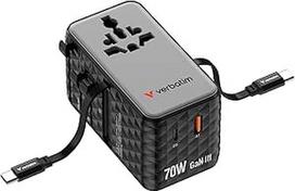 "Verbatim GaN" 70 W kelioninis adapteris, juodas, kištukinis adapteris su 2 integruotais kabeliais ir USB-C, USB-A, 2 x USA/JP prievadais, greitas įkroviklis nešiojamajam kompiuteriui, "MacBook", "iPhone 15,16,17", naudojamas visame pasaulyje