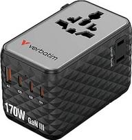 "Verbatim GaN" universalus kelioninis adapteris 170 W, juodas, kištukinis adapteris ir 3 x USB-C, 1 x USB-A, 2 x JAV/JP prievadas, greitasis įkroviklis "MacBook", nešiojamajam kompiuteriui, "iPhone 17/16/15", "Galaxy S25", naudojamas visame pasaulyje