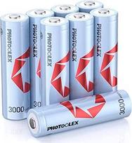 1,5 V įkraunamos AA baterijos (8 vnt.), ličio jonų 3000 mWh didelės talpos įkraunamos baterijos, 1600 + ciklų, ilgaamžės, dvigubai įkraunamos, mažai savaime išsikraunančios