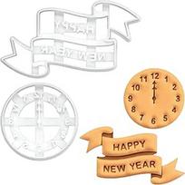 BAKERLOGY 2 naujametinių sausainių pjaustytuvų rinkinys - laimingų Naujųjų metų vėliava ir 12 valandos atgalinio laikrodžio laikrodis - sausainių formelės naujametiniams vakarėliams, šventiniams sausainiams ir žiemos kepykloms