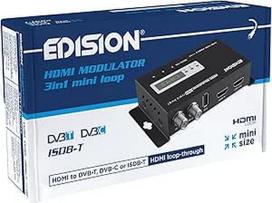 EDISION HDMI moduliatorius "3-in-1" mini kilpa, HDMI moduliatorius kabeliniam DVB-C, antžeminiam DVB-T arba ISDB-T, "Full HD" paskirstymas per koaksialinį kabelį, HDMI išvestis, RF įvestis, mini dydis, LED ekranas, "Plug & Play