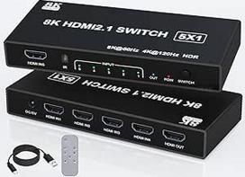 HDMI skirstytuvas 120Hz 4K - 5 įvesties ir 1 išvesties 8K HDMI 2.1 jungiklių dėžutės prievadų išplėtimo selektorius su nuotolinio valdymo pultu, palaiko 3D/HDR/HDCP2.3, suderinamas su PS 5/4/3 "Xbox Switch" DVD grotuvu, televizoriumi, kompiuteriu, 4k 120H