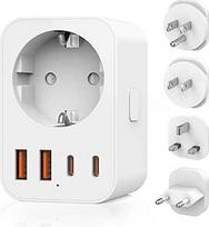 Kelioninis adapteris visame pasaulyje, 2 USB C, 2 USB A ir 1 kintamosios srovės adapteris, 4 nuimami adapteriai, kelioninis A/C/G/B tipo kištukas JAV, Europai, Anglijai, Japonijai