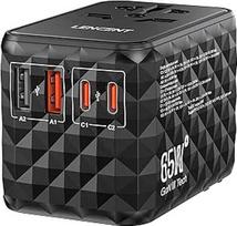 LENCENT 65 W universalus kelioninis adapteris, kištukinis adapteris su 2 USB-A ir 2 USB-C kištukais, greitai įkraunamas iPhone, mobiliesiems telefonams, nešiojamiesiems kompiuteriams, tarptautinis kelioninis kištukas, skirtas JK, ES, AU, JAV lizdams, juod