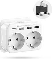 LENCENT Kelioninis adapteris UK Germany Plug, G tipo maitinimo adapteris, kelioninis kištukas su 1 USB-C ir 3 USB-A prievadais, adapteris iš Vokietijos į JK, skirtas Anglijai, Jungtinei Karalystei, Škotijai, Airijai, Maldyvams