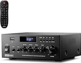 Moukey stiprintuvas Namų garso 2.0 kanalo stereo imtuvas su "Bluetooth 5.3" nuotolinio valdymo pultu FM RCA USB 2 mikrofono įėjimai 300 W pikinė galia karaokės garažui namų kino teatrui MAMP3