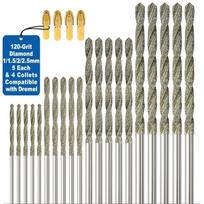 Diamond Drill Bits Set - 1mm to 2.5mm (5 of each) with 4 Chucks, 120 Grit, 20 Pieces Total