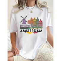 Europos dydžio Amsterdamo vėjo malūnas ir olandų architektūra marškinėliai - Laisvalaikio apvalios apykaklės trumpomis rankovėmis viršutinė dalis su olandų dizainu, tinkama visiems sezonams, laisvalaikio apranga S balta