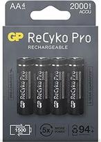 "GP ReCyko Pro" baterija AA 2000 mAh NiMH | 4 AA įkraunamų baterijų pakuotė, 1,2 V, iš anksto įkrautos, paruoštos naudojimui | sukurtos optimaliam veikimui daug energijos naudojančiuose prietaisuose, pakuotė be plastiko