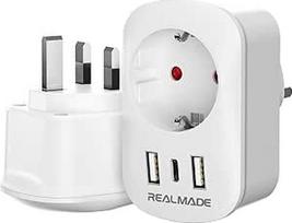 "RealMade" 2 pakuotės kelioninis adapteris iš JK į ES su 2 USB ir 1 C tipo adapteriu Anglijos Vokietijos kištukas iš ES Vokietijos į JK G tipo kištukinio lizdo adapteris