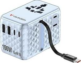 "Verbatim GaN Travel Adapter" 100 W mėlynas kištukinis adapteris su integruotu kabeliu ir 2 x USB-C, 2 x USB-A, 2 x USA/JP jungtimi, universalus greitas įkroviklis "Macbook", nešiojamajam kompiuteriui, "iPhone 17", naudojamas visame pasaulyje