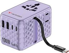 "Verbatim GaN" 100 W violetinės spalvos kelioninis adapteris, kištukinis adapteris su integruotu kabeliu ir 2 x USB-C, 2 x USB-A, 2 x JAV/JP prievadas, universalus greitasis įkroviklis nešiojamajam kompiuteriui, "iPhone 17/16/15", naudojamas visame pasaul