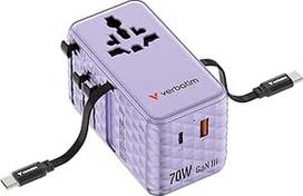 "Verbatim GaN" kelioninis adapteris 70 W, violetinės spalvos, kištukinis adapteris su 2 integruotais kabeliais ir USB-C, USB-A, 2 x USA/JP prievadais, universalus greitasis įkroviklis "MacBook", nešiojamajam kompiuteriui, "iPhone 17/16", naudojamas visame