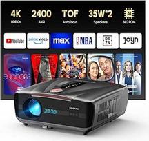 4K projektorius Tinkamas dienos šviesai 2400 ANSI [motorizuotas objektyvo dangtelis] HDR10+ Ultra HD išmanusis namų kino projektorius su AI-PQ, ToF automatinio fokusavimo funkcija, HDMI eARC, Dolby Audio, 64GB LED projektorius žaidimams A9TL