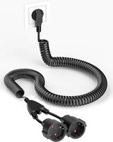 Apsauginis kontaktų spiralinis ilgintuvas, AOUOO 2 "Schuko" kištukiniai lizdai, 3 m apsauginis kontaktų spiralinis kabelis, PVC "Schuko" ilgintuvas, ištempiamas nuo 0,9 m iki 3 m, 230 V/16 A, IP20, juodas