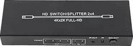 HDMI skirstytuvas 2 įėjimai ir 4 išėjimai 4K HD jungiklis su nuotolinio valdymo pulteliu 3840 x 2160 didelės raiškos nešiojamiesiems kompiuteriams, žaidimų konsolėms, monitoriams, televizoriams ir projektoriams (ES kištukas)