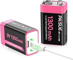 Įkraunamos 9 V baterijos, 1300 mAh 9 V ličio jonų baterijos su USB-C greituoju įkrovimu dūmų detektoriui, multimetrui, mikrofonui (2 vnt.)