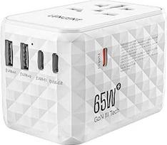 LENCENT universalus 65 W greitojo įkrovimo adapteris, tarptautinis A/C/G/I tipo (JK, ES, AU, JAV) kištukinių lizdų adapteris, 2 USB-A ir 3 USB-C greitojo įkrovimo kištukiniai lizdai mobiliajam telefonui, baltos spalvos