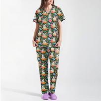 Women's Printed Uniform Work Uniform V-Neck Pocket Protective Work Uniform L