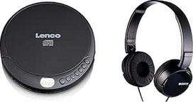 "Lenco CD-010" - nešiojamasis CD grotuvas "Walkman" - "Diskman" - CD "Walkman" - su ausinėmis ir "Micro USB" įkrovimo laidu - juodas ir "Sony MDR-ZX110" sulankstomos ausinės su juosta, juodos, 25