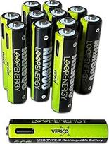 "LoopEnergy AAA 900" įkraunama USB-C baterija AAA 1,5 V 900 mWh (600 mAh) ličio jonų baterija, greitai įkraunama per USB-C jungtį per maždaug 2 valandas, 12 AAA, 3 vnt. kabelių USB-A ir 4 x USB-C
