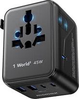 "MOMAX 7-in-1" kelioninis adapteris "Worldwide 45W GaN", kelioninis kištukinis adapteris "Worldwide" su 3 USB-C PD ir 2 USB-A QC, 2 kintamosios srovės, tarptautinis kištukinis adapteris, skirtas Jungtinei Karalystei, ES, JAV, Jungtinėms Amerikos Valstijom