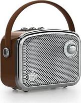 Derliaus stiliaus nešiojamasis "Bluetooth" garsiakalbis rudos spalvos retro dizaino metalinis tinklelis kompaktiškas kvadrato formos (rudas)