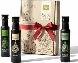 "Natulio" dovanų rinkinys Ekologiškų šalto spaudimo žolelių trio - dovanų idėja - puiki kalėdinė dovana visiems gurmanams - dovanų rinkinys iš bazilikų aliejaus, česnakų aliejaus ir rozmarinų aliejaus - 3 x 100 ml - DE-ÖKO-006