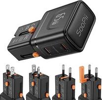 "SooPii" universalus kelioninis adapteris, GaN 65 W maitinimo šaltinis su 2 USB-C prievadais, tarptautinis maitinimo šaltinis, "viskas viename" kelioninis įkroviklis su JAV, JK ir ES AU kištuku, skirtas "iPhone 16/15", "Galaxy S25/S24", "iPad" ir kt.