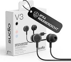 "sudio V3 Essential" laidinės ausinės su kabeliu, "In-Ear" ausinės su USB-C jungtimi, pintos, laidas atsparus lūžiui, integruotas mikrofonas, IPX4 atsparumas vandeniui, juodos spalvos