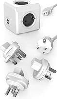 "Travel-Cube ReWirable DuoUSB", maitinimo kubas 4 kištukams ir 2 USB lizdams (2,1 A), daugkartinis kištukinis lizdas su "Schuko" kabeliu ir 3 kelioniniais adapteriais, skirtas Jungtinei Karalystei, JAV ir JAV, pilkas/baltas