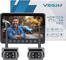 "VSG 24 Horizon Stellar Pro" 7 colių belaidės atbulinės eigos kameros rinkinys - 2 x oro sąlygoms atspari IP69K kamera su integruotu šildytuvu ir mikrofonu, 130° platus kampas, naktinis matymas, 1080P HD skaitmeninis daugiafunkcinis ekranas - skirta