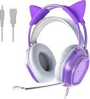 "Wantak Cat Ear" ausinės su mikrofonu - kabelis (3,5 mm / USB) - žaidimų ausinės kompiuteriui/PS5/Xbox - triukšmo slopinimas, HiFi garsas, 20-20 000 Hz - lengvos ir patogios moterims/mergaitėms (violetinės spalvos)
