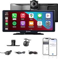10,26 colių belaidis "CarPlay" ir "Android" automobilio ekranas, 1920 x 720 HD nešiojamasis automobilinis radijas su 4K prietaisų kamera ir 1080P atbulinės eigos kamera, ekrano dubliavimas, valdymas balsu, GPS navigacija, "Bluetooth", 64GB SD