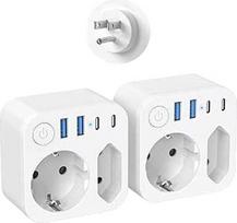 2 kelioninių adapterių pakuotė JAV adapterio lizdas su 4 USB (2 C tipo) kelioniniu adapteriu su jungikliu (iš ES į JAV)