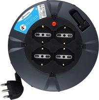 Electraline 49019 Prailginimo kabelis ant būgno, 3G 1 mm ilgio, 4 metrų ilgio, su dvigysliu kištukiniu lizdu, 16 A, juodas